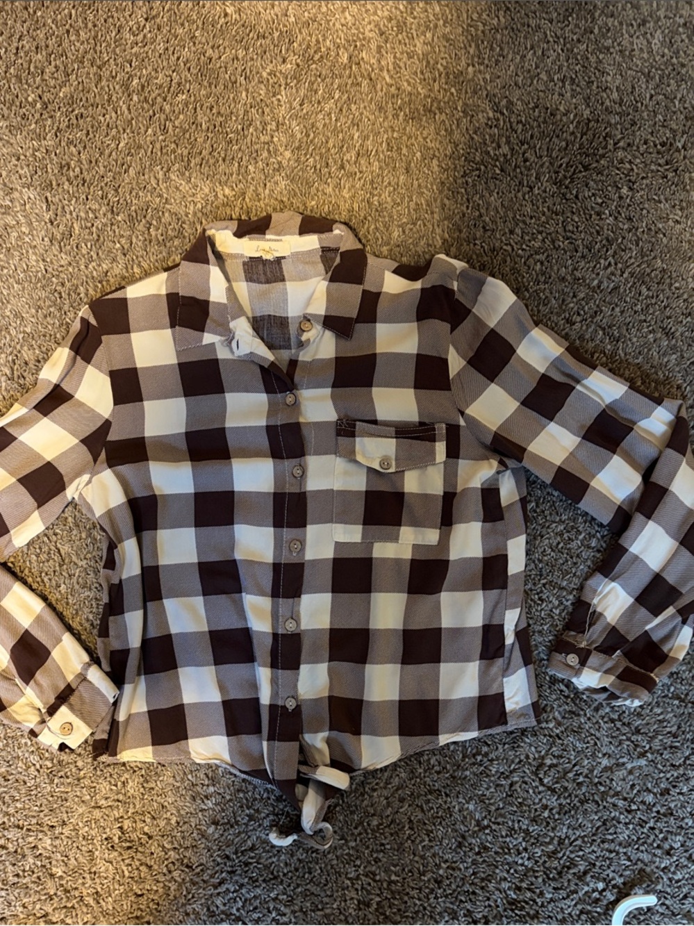 Love Notes Brown & White Plaid Tie-Hem Button-Down Shirt